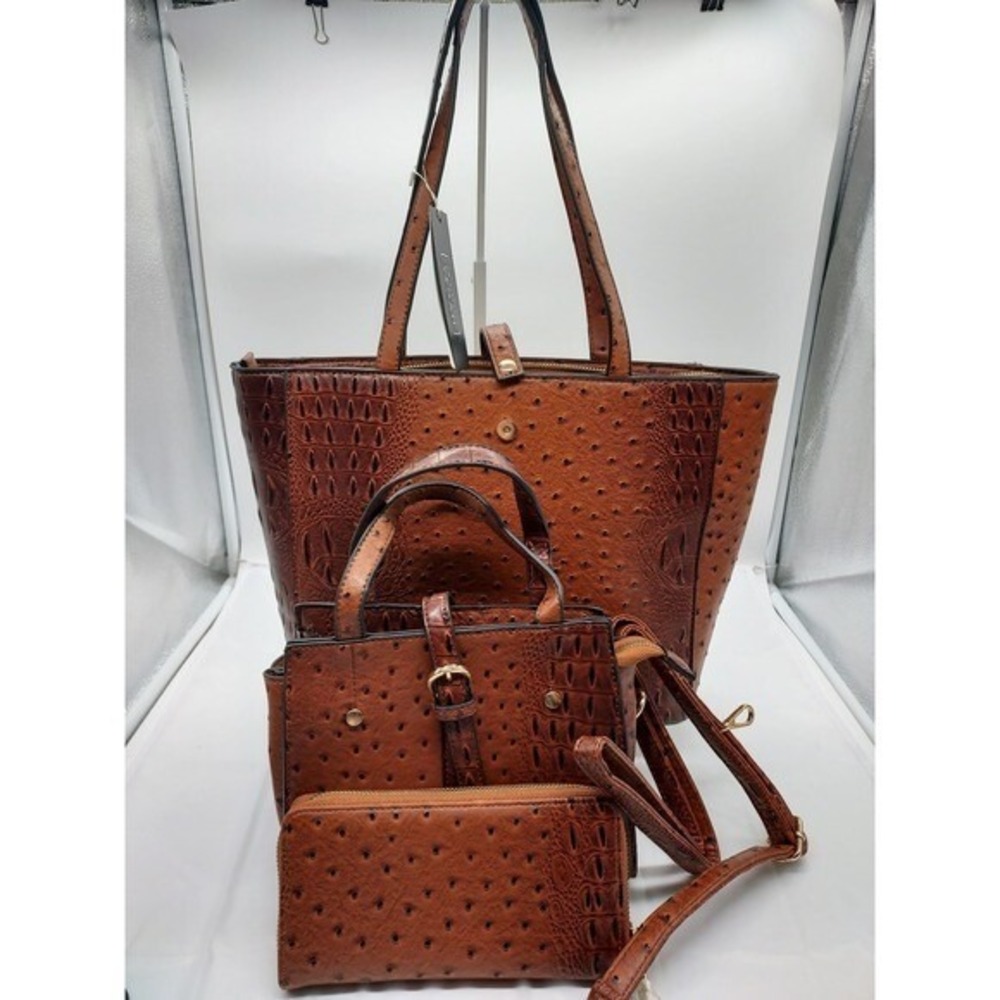 Le Miel 3pc Vegan Leather Handbag Set Ostrich Croc Embossed Tote Satchel Wallet